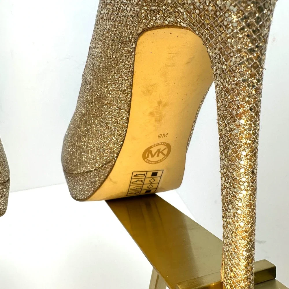 Michael Kors Gold Glitter Peep Toe Platform Pumps Stiletto Heels‎ Womens 9M